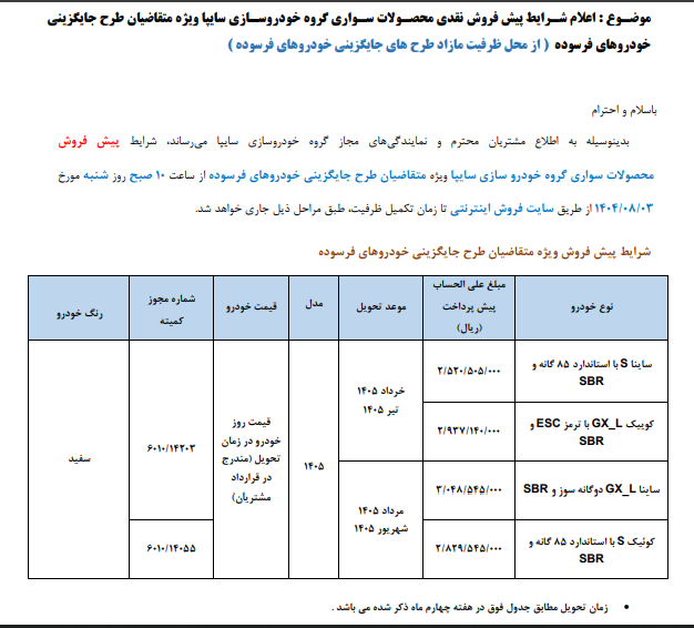 پیش‌فروش محصولات سایپا ویژه طرح جایگزینی خودروهای فرسوده- ابان 1404